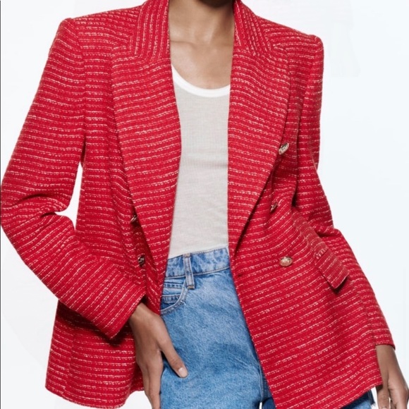 Red, textured double breasted blazer from Zara - NWT - Picture 11 of 14